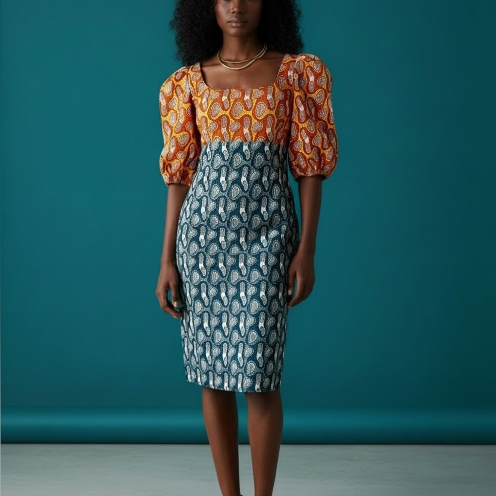 Ankara Print African Puff Sleeve Geo Sheath Dress Sz S Midi Wiggle Handmade New
